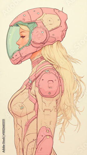 Beautiful Blonde Woman in a Pastel-Colored Futuristic Spacesuit with Helmet, Highlighting Sci-Fi and Space Exploration Themes