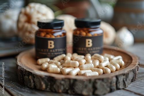 B vitamin, Vitamin B capsule, Vitamin B Capsules, Vitamin B12 tablets, Vitamin B12 pills, cyanocobalamin, Multi vitamin pills, pills bottle mockup, drug bottle mockup on a wooden tray