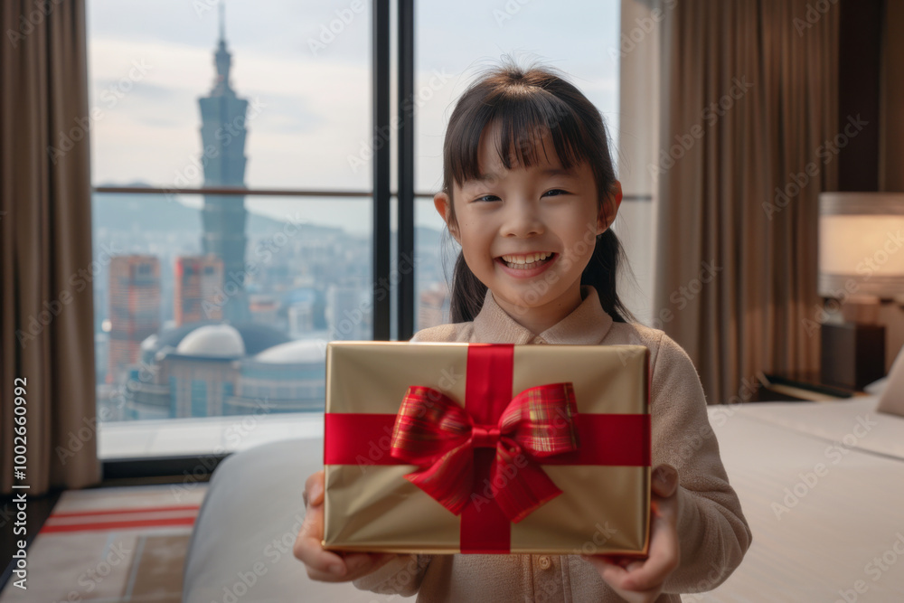 A smiling little girl holding a wrapped gift in her hand