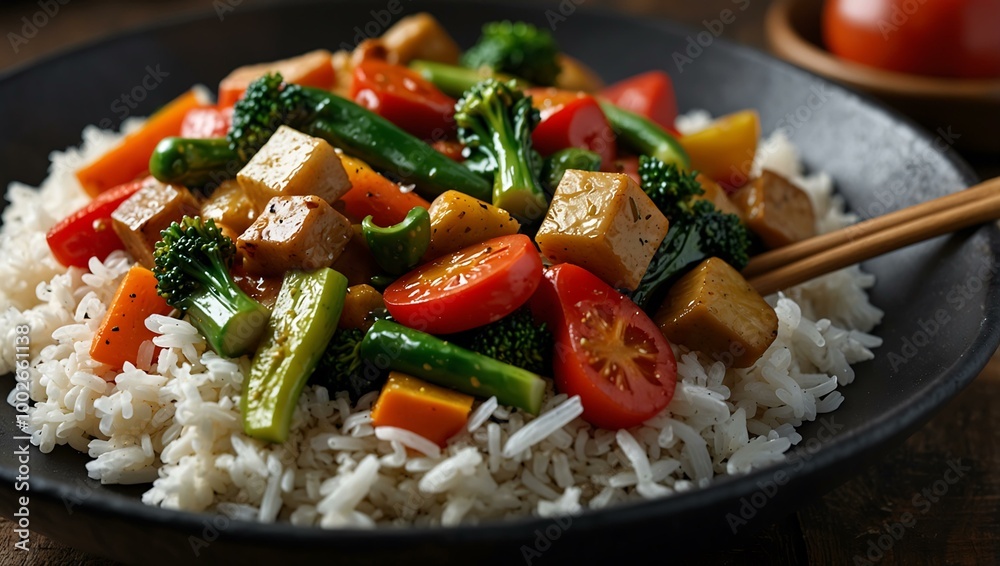 Vegetable stir-fry served with a side of rice. Vegetable stir-fry served with a side of rice.