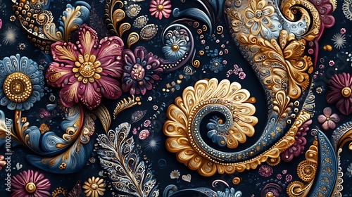 Colorful Floral Paisley Design Showcasing Artistic Detail on Dark Background photo