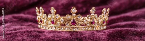 beautiful golden crown adorned with sparkling jewels, resting elegantly on rich purple velvet background. intricate design and vibrant colors evoke sense of royalty and luxury. 