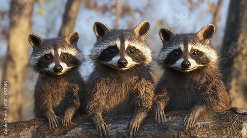 Playful raccoons peeking out from behind a log Generative AI