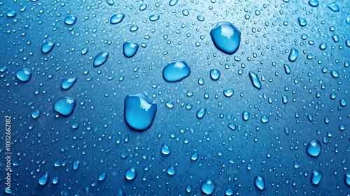 Close-up of water droplets on a blue surface, showcasing clarity and freshness in a vibrant, refreshing background.