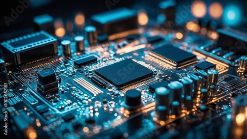 IT. Information technology concept. Motherboard integrated circuit and tech icons illustrtion. Futuristic bakground
