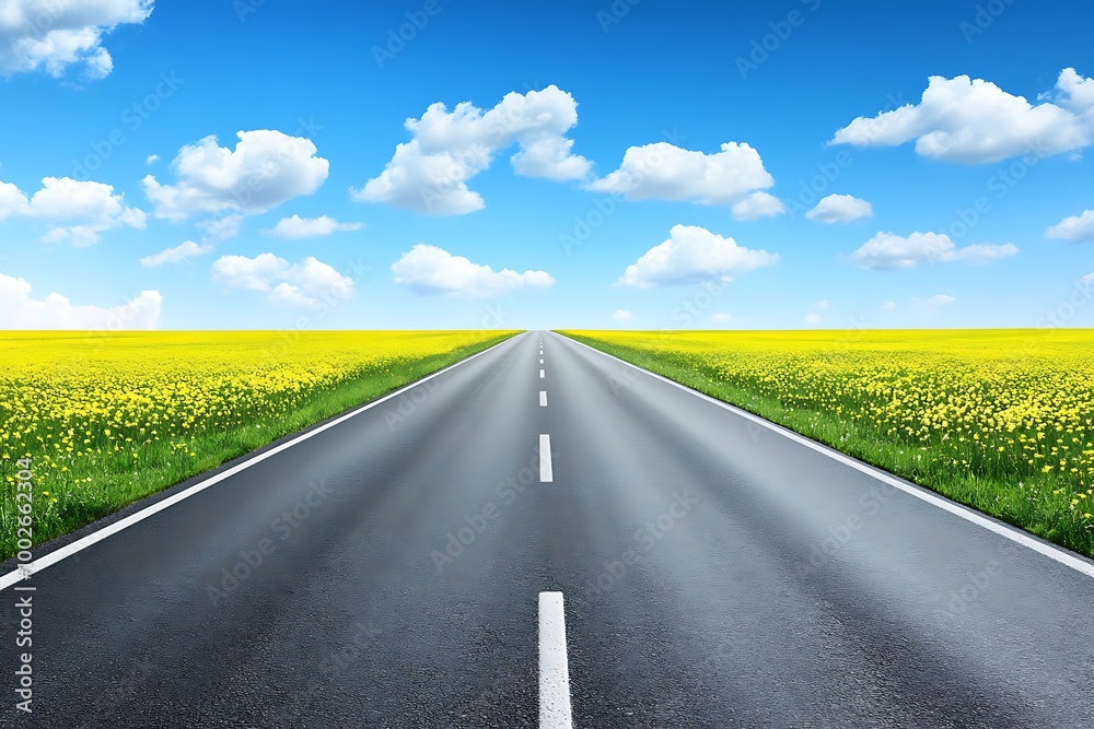 Asphalt Road Leading Through a Field of Yellow Flowers Asphalt Road Leading Through a Field of Yellow Flowers