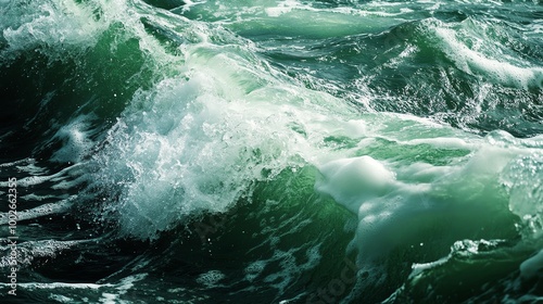 Dynamic ocean waves crashing against each other, showcasing the beauty and power of nature in deep green hues. photo