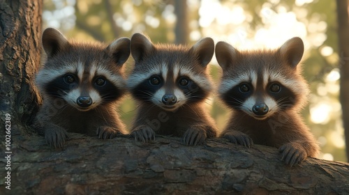 Playful raccoons peeking out from behind a log Generative AI