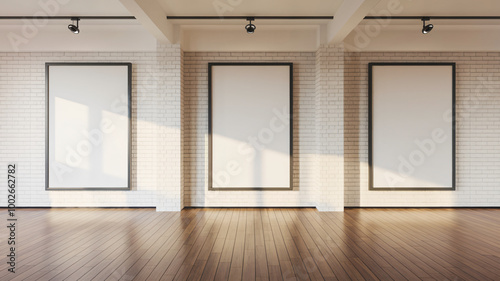 Three empty picture frames hang on a brick wall in a white room with a brown wooden floor. photo