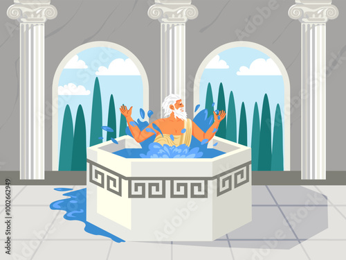 Archimedes in bath. Ancient greek inventor saying eureka at bathroom, great mathematician or roman old man funny character, engineering physics principle recent vector illustration