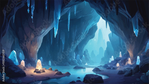 Whimsical Cartoon Cave with Glowing Crystals and Mystical Moonlight