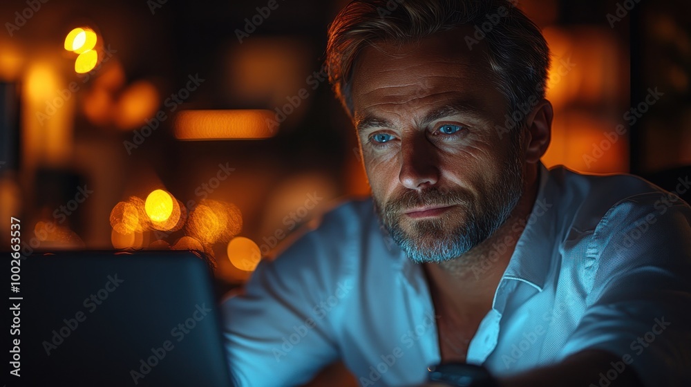 A focused man working on a laptop in a dimly lit room. A focused man working on a laptop in a dimly lit room.