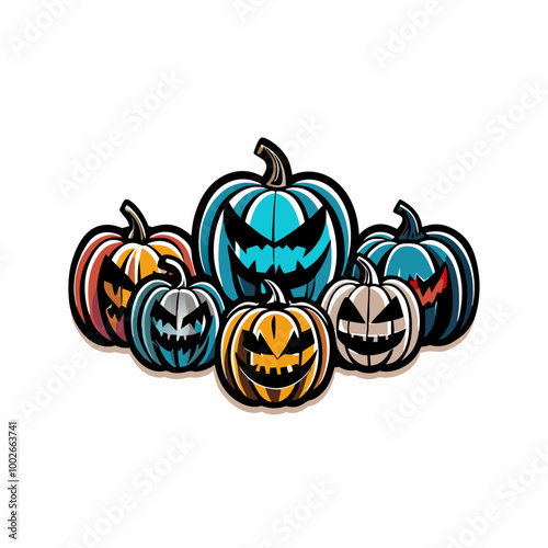 A vibrant collection of pumpkins in various colors, showcasing orange, white, green, and blue pumpkins.