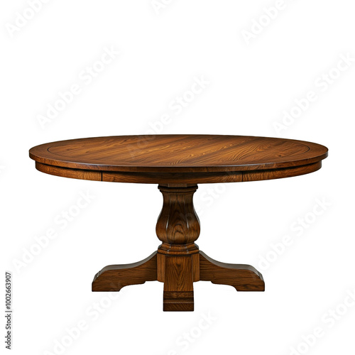 Varnished dark oak wood round table mock-up, isolated