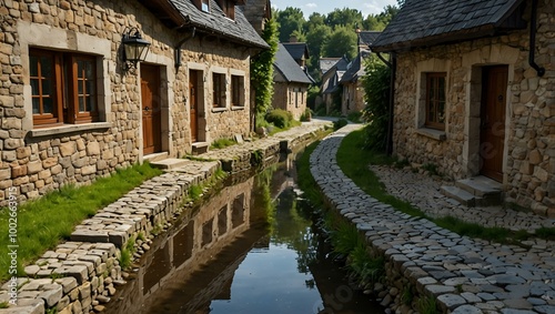 Village drainage system with cobblestone channels and cottages.