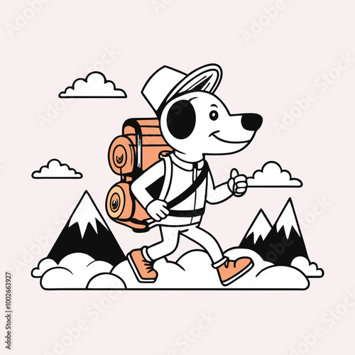 A dog with a backpack hikes up a mountain trail, showcasing the beauty of nature.