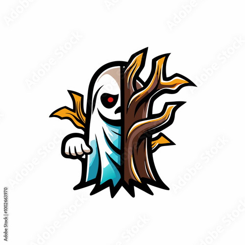 A ghostly figure, partially obscured by a large, gnarled tree, peeks out from behind the trunk with a haunting expression.