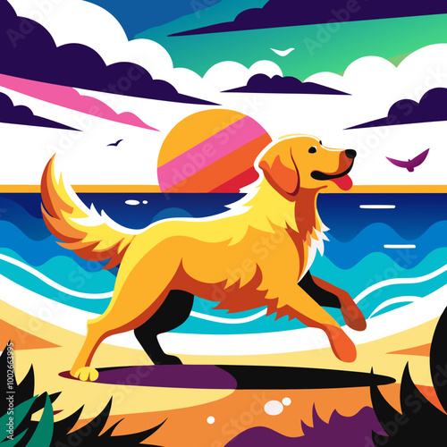 A golden retriever dog leaping through the air to catch a frisbee at the beach.