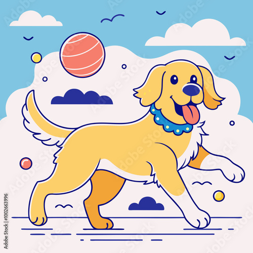 A golden retriever runs across a sandy beach, tongue lolling, with a bright orange frisbee in its mouth.