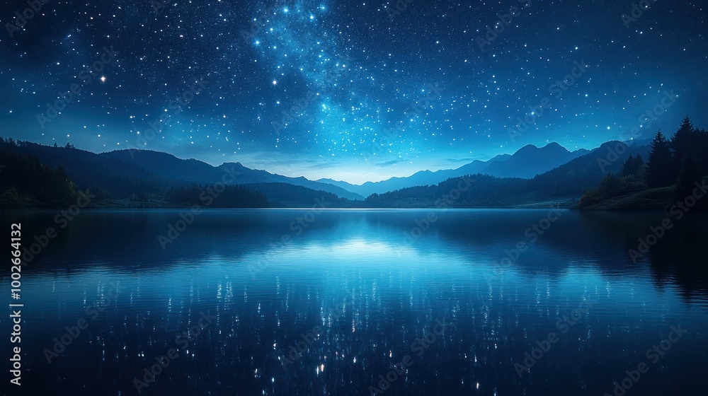 Serene night landscape with stars reflected on calm water. Serene night landscape with stars reflected on calm water.