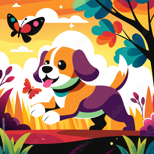 A playful puppy with a wagging tail chases a butterfly in a sunny park.