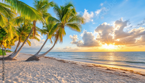 Fototapeta Naklejka Na Ścianę i Meble -  serene beach scene, with white sand and palm trees under clear blue skies