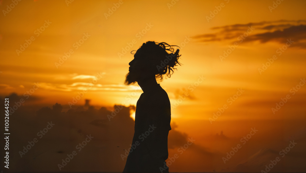 A silhouette of a person against a simple golden sky, emphasizing form over detail