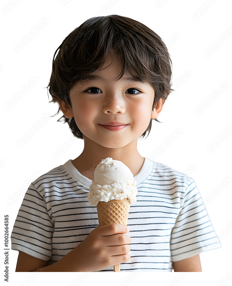 Young Asian Boy Enjoying Ice Cream Cone – Isolated on Transparent Background Young Asian Boy Enjoying Ice Cream Cone – Isolated on Transparent Background