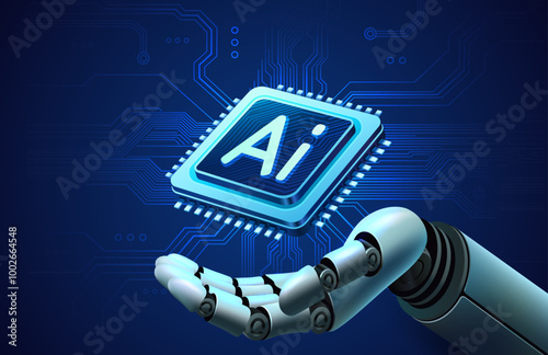 Robot arm with microchip, ai processor, microprocessor electronics. Vector illustration