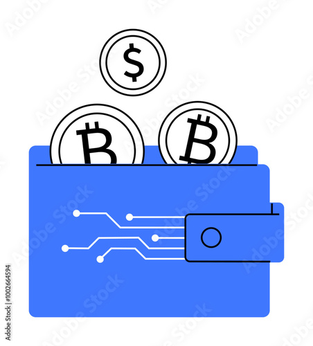 Bitcoin billfold icon with bitcoin mining and blockchain pictographs. Coins drops in wallet. Designed for crypto currency apps. Ideal for blockchain, cryptocurrency, digital finance