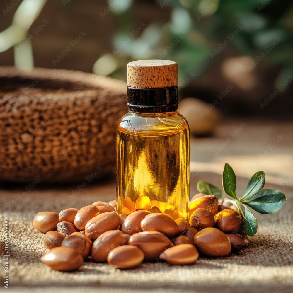 A Bottle of Argan Oil with Amber-Colored Nuts in a Natural Setting A Bottle of Argan Oil with Amber-Colored Nuts in a Natural Setting