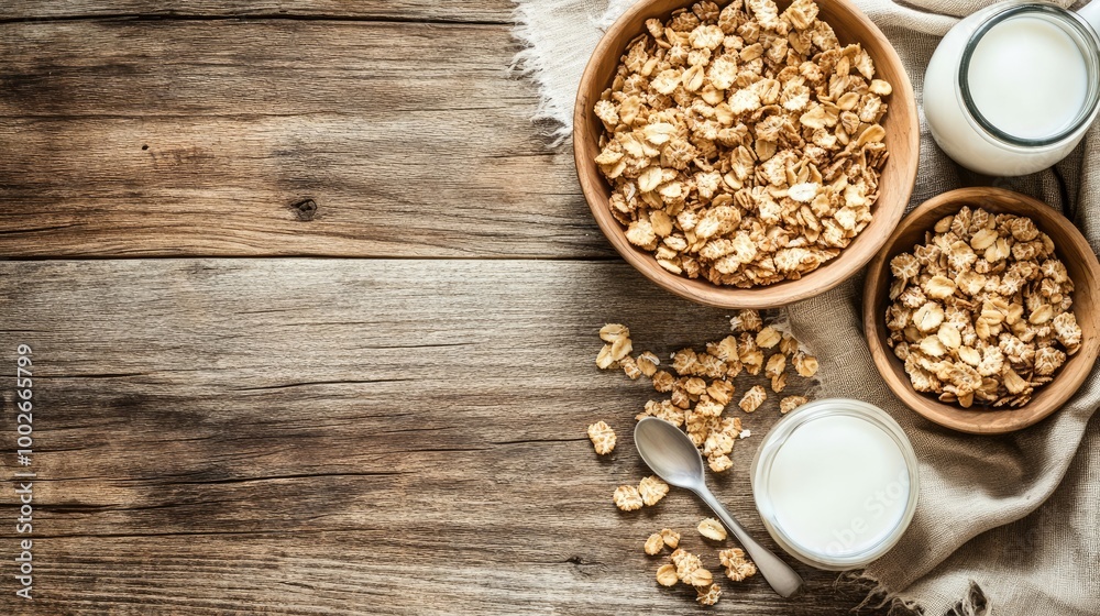 A delicious, healthy cereal breakfast laid out on a rustic table with a spoon and milk jug, beautifully arranged to leave space for text, perfect for product promotion. A delicious, healthy cereal breakfast laid out on a rustic table with a spoon and milk jug, beautifully arranged to leave space for text, perfect for product promotion.