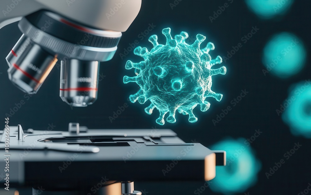 Fototapeta premium A highly detailed virus particle under a digital microscope, glowing with a soft blue aura, scientific research concept