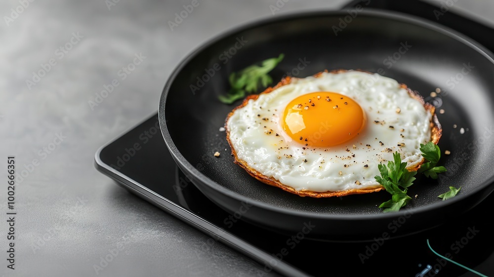 Closeup of a plantbased egg substitute being cooked on a smart stovetop, plantbased innovation, alternative foods Closeup of a plantbased egg substitute being cooked on a smart stovetop, plantbased innovation, alternative foods