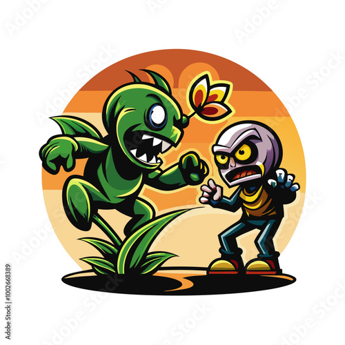 A zombie with a green, decaying face and a leafy crown emerges from the ground, surrounded by plants.