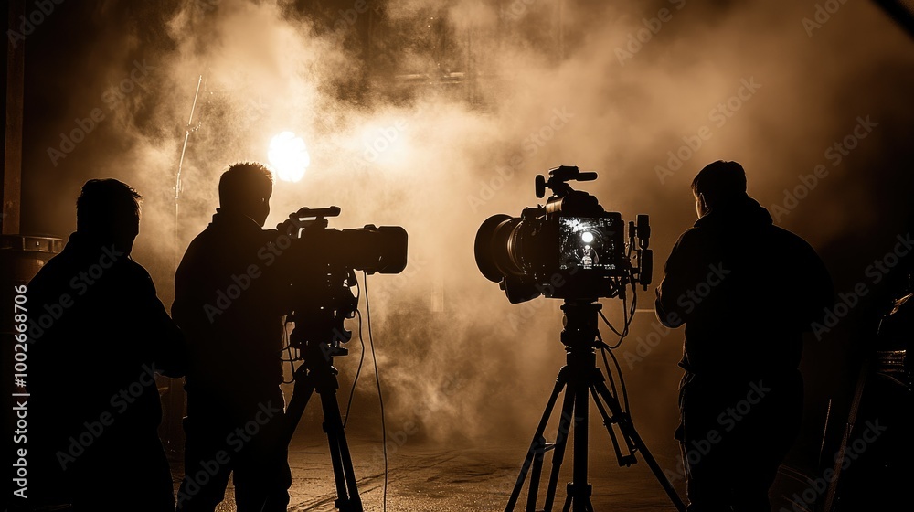 Fototapeta premium Film crew members in silhouette operating boom mics and cameras in a darkened set, illuminated by powerful studio lights.