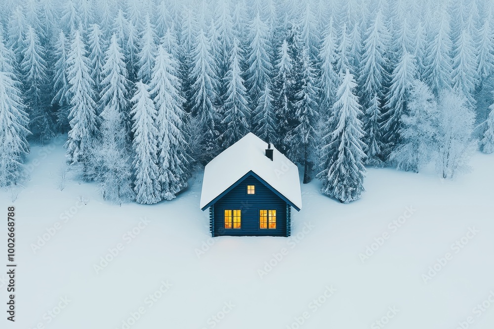 Naklejka premium A cozy cabin nestled in a snowy forest, surrounded by tall pine trees and a blanket of fresh snow, creating a peaceful winter scene.