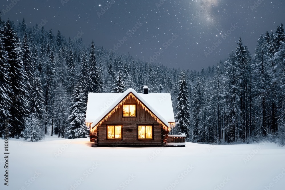 A cozy wooden cabin illuminated in a snowy landscape, surrounded by tall trees under a starry night sky. A cozy wooden cabin illuminated in a snowy landscape, surrounded by tall trees under a starry night sky.
