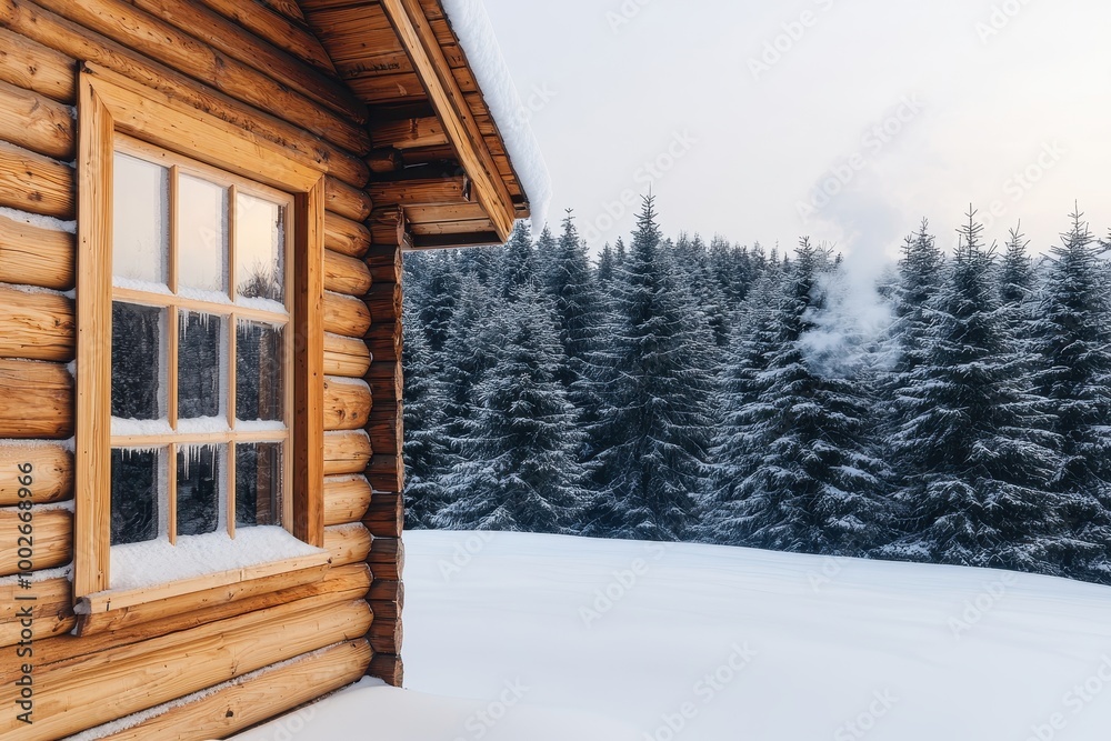 A cozy wooden cabin surrounded by snow-covered trees, evoking a peaceful winter landscape and serene nature retreat. A cozy wooden cabin surrounded by snow-covered trees, evoking a peaceful winter landscape and serene nature retreat.