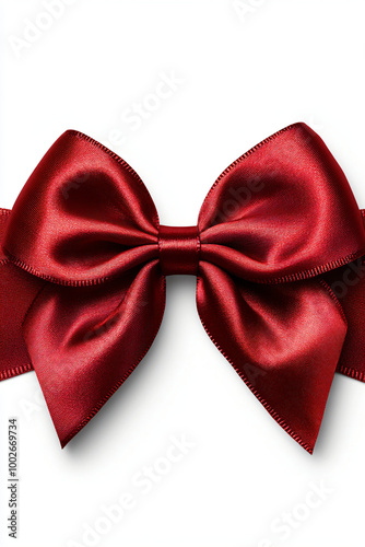 Decorative shiny atlas red ribbon with bow isolated on white background. Red band satin strip for Valentine's, birthday gift. Wrapping for Christmas party, Father's, Women's day  gift. Black friday 