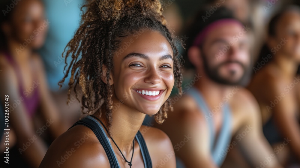 A group of people smiling and laughing at the yoga studio A group of people smiling and laughing at the yoga studio