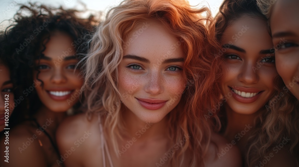 A group of women with varying hair colors and skin tones, smiling at the camera in an outdoor beach setting. The focus is on their faces showing diversity in beauty and happiness A group of women with varying hair colors and skin tones, smiling at the camera in an outdoor beach setting. The focus is on their faces showing diversity in beauty and happiness