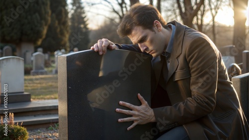 a man kneels at a grave saying goodbye