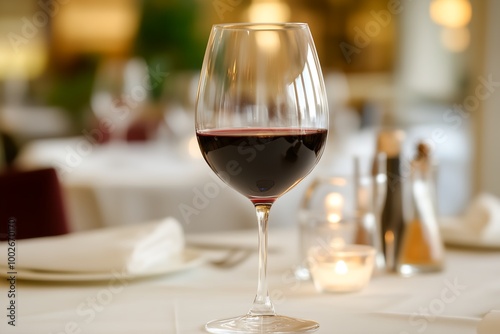 A wine glass is filled with red wine on a table. The wine glass is on a table with a white tablecloth and a candle in the middle of the table