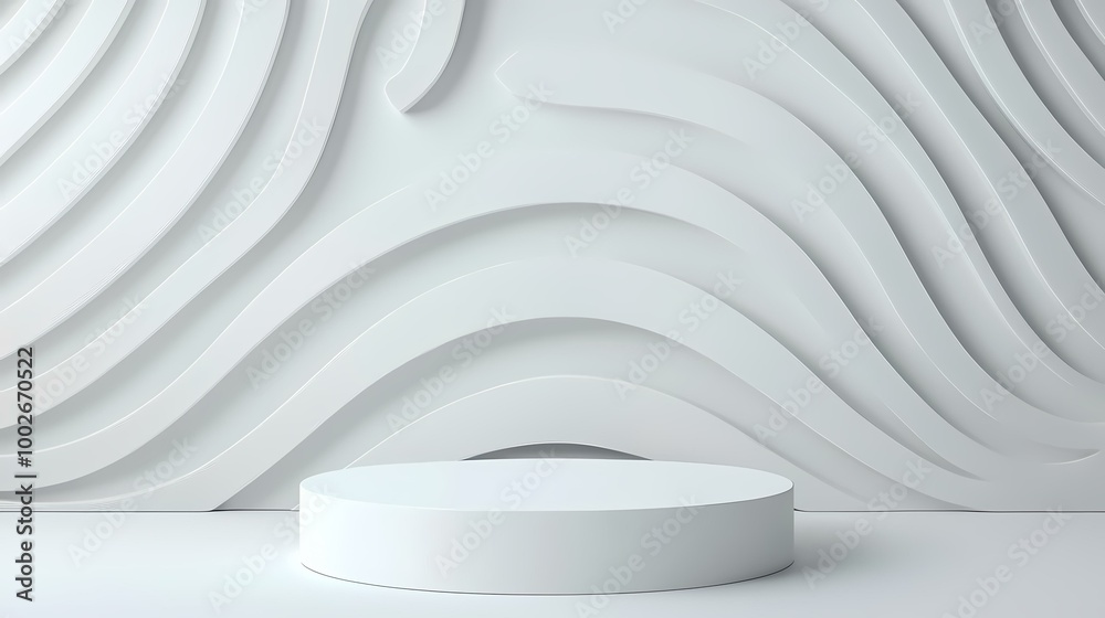 A pure white cylindrical platform stands in the foreground,  in front of a backdrop with a smooth, undulating pattern of white curves.