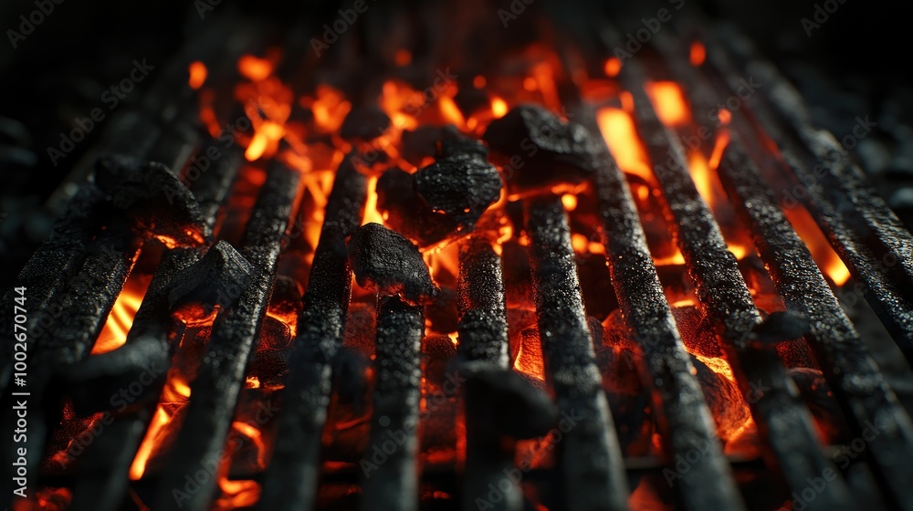Glowing coals beneath a hot metal grill with intense heat radiating, perfect for a barbecue scene.