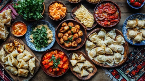 A colorful assortment of traditional Uzbek food, including manti, shurpa, and samsa, laid out on a rustic table.