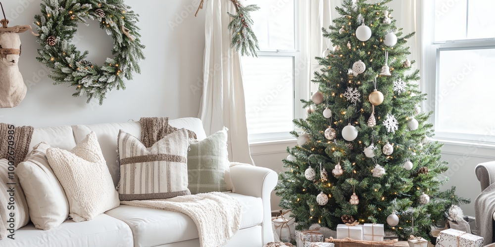 A Christmas tree is decorated with many ornaments and sits in front of a white couch. The room has a cozy and festive atmosphere A Christmas tree is decorated with many ornaments and sits in front of a white couch. The room has a cozy and festive atmosphere