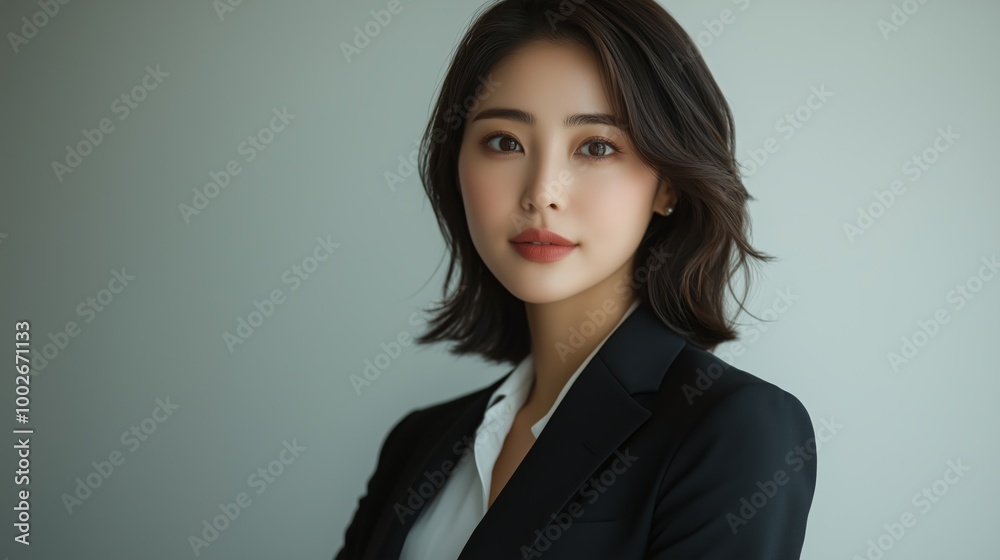 A professional photo of an Asian woman in her late thirties, wearing business attire with a black blazer and white shirt A professional photo of an Asian woman in her late thirties, wearing business attire with a black blazer and white shirt