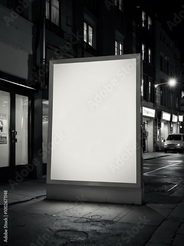 White billboard on a city street at night.